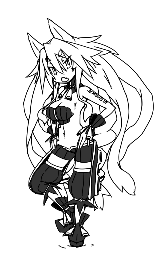 1girl, animal_ears, female_focus, long_hair, majo_to_hyakkihei, metallica_(majo_to_hyakkihei), monochrome, nippon_ichi, open_mouth, solo, yu_ta