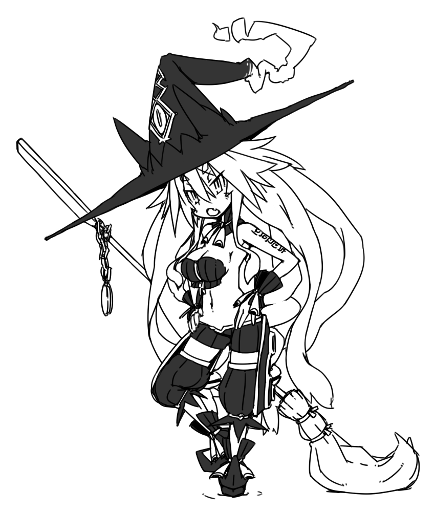 1girl, animal_ears, female_focus, hat, long_hair, majo_to_hyakkihei, metallica_(majo_to_hyakkihei), monochrome, nippon_ichi, open_mouth, pocket_watch, solo, watch, witch_hat, yu_ta