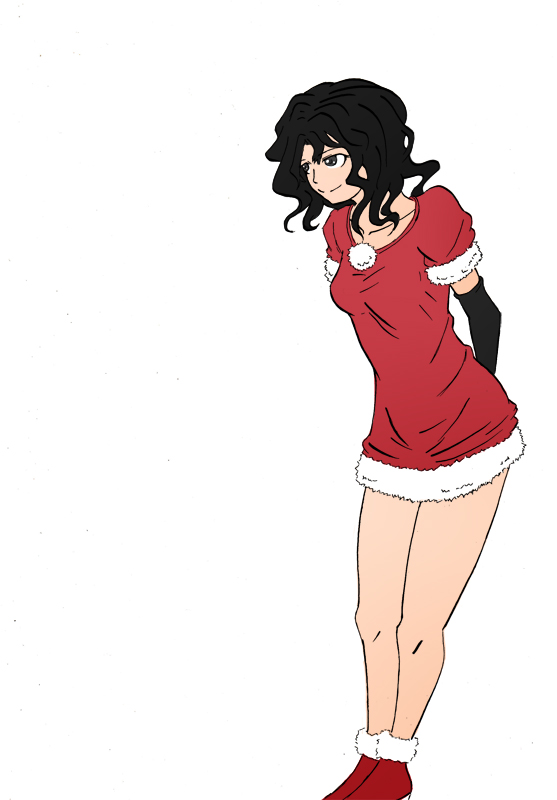 1girl, against_wall, alternate_costume, amagami, arms_behind_back, black_eyes, black_gloves, black_hair, boots, elbow_gloves, female_focus, fur_trim, gloves, invisible_wall, legs, long_hair, messy_hair, missing_headwear, red_boots, red_shirt, santa_costume, shirt, simple_background, smile, solo, takatou, tanamachi_kaoru, white_background