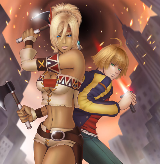 1boy, 1girl, axe, belt, blonde_hair, blue_eyes, breasts, dark_skin, green_eyes, johnny_garland, shadow_hearts, shadow_hearts_from_the_new_world, shania, short_hair, sword, weapon