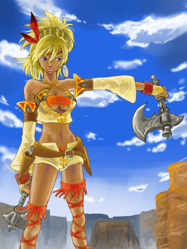 1girl, axe, blonde_hair, blue_eyes, dark-skinned_female, dark_skin, female_focus, shadow_hearts