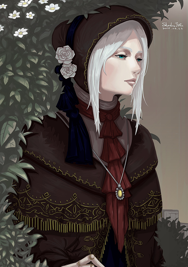1girl, artist_name, bloodborne, bonnet, bush, cloak, dated, doll_joints