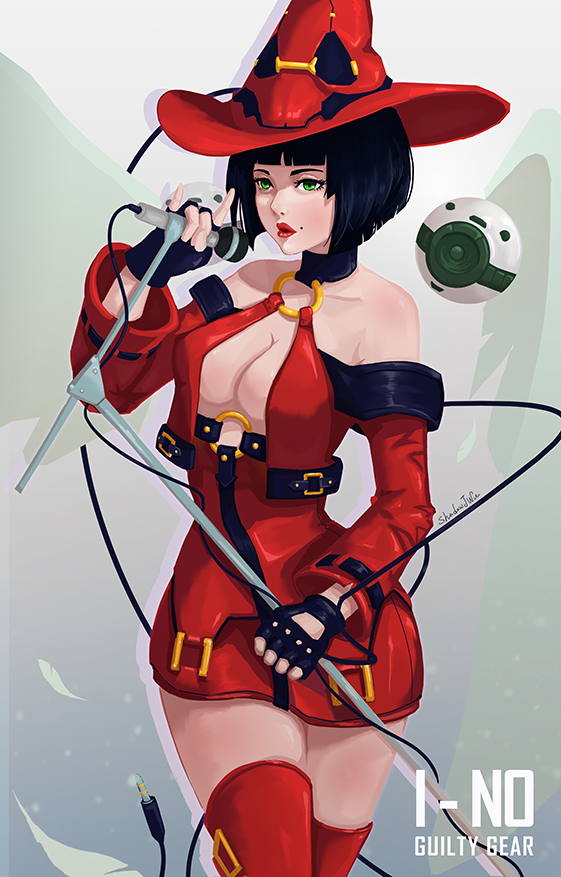 1girl, arc_system_works, audio_jack, bare_shoulders, black_hair, blunt_bangs, bob_cut, boots
