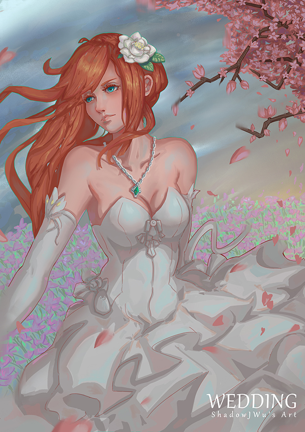 1girl, aqua_eyes, artist_name, bare_shoulders, breasts, bridal_gauntlets, cleavage, cloud