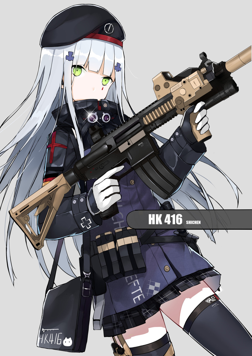 1girl, artist_name, assault_rifle, bad_id, bad_pixiv_id, bag, beret, black_thighhighs