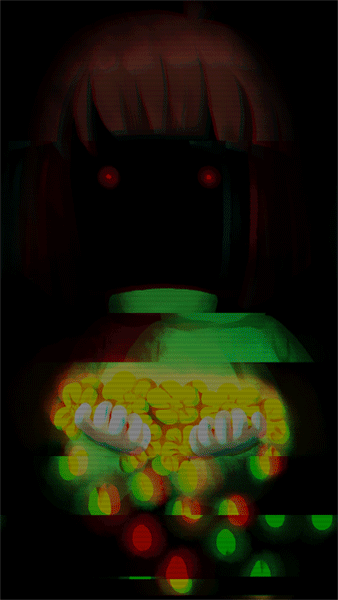 :d, androgynous, animated, animated_gif, black_background, black_blood, black_sclera, blood, blood_from_mouth, bloody_tears, brown_hair, chara_(undertale), colored_blood, colored_sclera, creepy, dreamy-94, empty_eyes, english_text, flower, gender_request, glitch, glowing, glowing_eyes, green_shirt, holding, holding_flower, horror_(theme), looking_at_viewer, open_mouth, petals, red_eyes, scanlines, shirt, simple_background, smile, solo, spoilers, turtleneck, undertale, upper_body, utdr_(toby_fox)