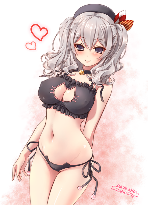10s, 1girl, 2016, alternate_costume, bare_shoulders, bell, beret, black_panties, blush, breasts, cat_cutout, cat_ear_panties, cat_lingerie, choker, cleavage, cleavage_cutout, clothing_cutout, covered_erect_nipples, cowboy_shot, curvy, dated, female_focus, frills, grey_eyes, grey_hair, groin, hat, heart, inoue_tomii, jingle_bell, kantai_collection, kashima_(kancolle), large_breasts, legs_together, long_hair, looking_at_viewer, navel, neck_bell, panties, purple_eyes, side-tie_panties, smile, solo, standing, stomach, twintails, underwear, underwear_only