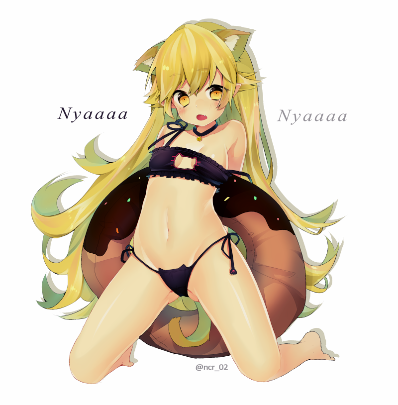 1girl, alternate_costume, animal_ears, arms_behind_back, bakemonogatari, bare_shoulders, barefoot, bell, black_panties, blonde_hair, blush, breasts, cat_cutout, cat_ear_panties, cat_ears, cat_lingerie, choker, cleavage_cutout, clothing_cutout, donut, eyebrows, fang, female_focus, food, frills, full_body, gluteal_fold, jingle_bell, kemonomimi_mode, kneeling, long_hair, looking_at_viewer, monogatari_(series), nachiru, navel, neck_bell, nyan, open_mouth, oshino_shinobu, panties, paw_print, side-tie_panties, small_breasts, solo, stomach, strap_slip, string_panties, stuffed_toy, twitter_username, underwear, underwear_only, very_long_hair, white_background, yellow_eyes