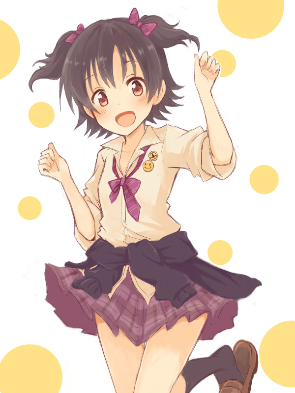 1girl, :d, akagi_miria, bad_id, bad_pixiv_id, badge, black_hair, blush