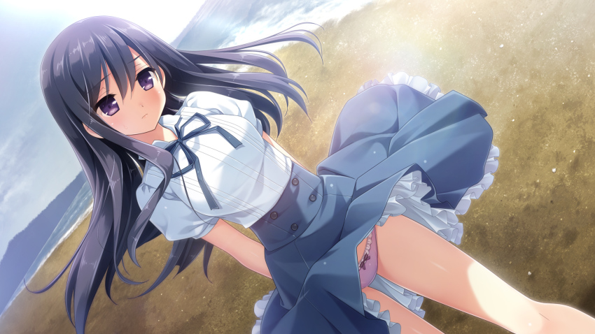 1girl, arms_behind_back, beach, black_hair, blush, bow, bow_panties, cloud