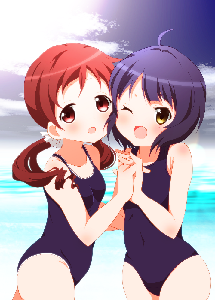 2girls, :d, ;d, ahoge, beach, blue_hair, blue_school_swimsuit, blue_one-piece_swimsuit, blush, cheek-to-cheek, collarbone, competition_school_swimsuit, competition_swimsuit, covered_erect_nipples, cowboy_shot, dot_nose, fang, from_side, gochuumon_wa_usagi_desu_ka?, hair_ornament, heads_together, holding_hands, jouga_maya, long_hair, looking_at_viewer, looking_to_the_side, low_twintails, multiple_girls, natsu_megumi, nora_ichigo, one-piece_swimsuit, one_eye_closed, open_mouth, red_eyes, red_hair, school_swimsuit, scrunchie, short_hair, smile, swimsuit, twintails, white_scrunchie, wink, yellow_eyes