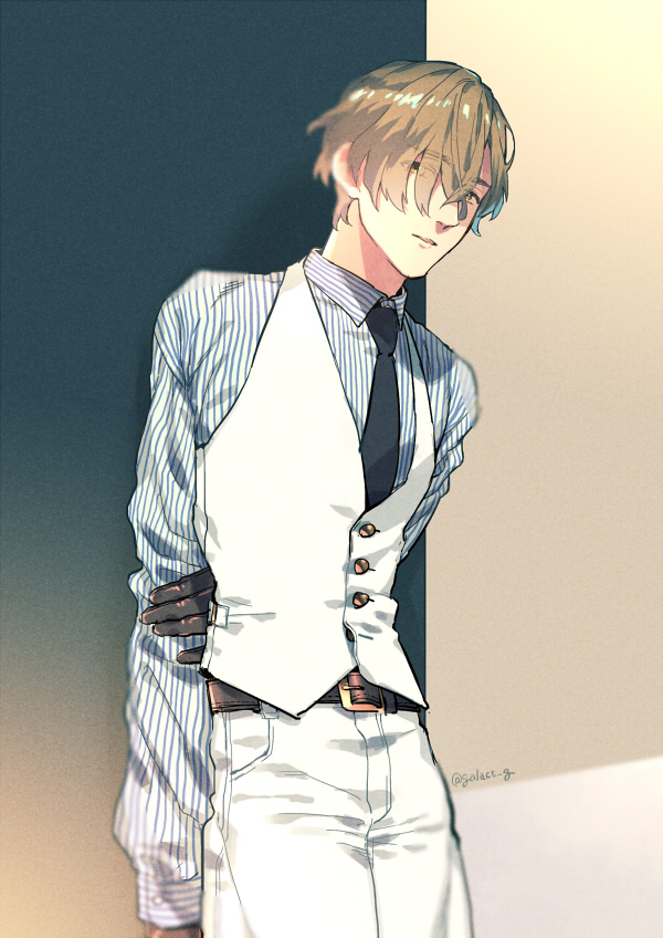 1boy, axis_powers_hetalia, black_necktie, blonde_hair, collared_shirt, cowboy_shot, dethmath, gloves