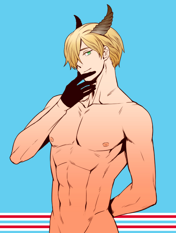 1boy, abs, axis_powers_hetalia, blonde_hair, blue_background, gloves, green_eyes, hair_over_one_eye, horns, luxembourg_(hetalia), male_focus, nude, out-of-frame_censoring, rebasashi, simple_background, solo