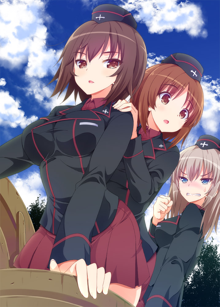 10s, 3girls, alternate_costume, blue_eyes, blush, brown_eyes, brown_hair, clenched_hand