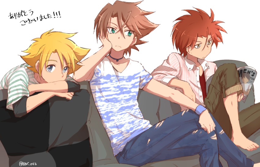 10s, 3boys, aqua_eyes, bad_id, bad_pixiv_id, banchii, barefoot, blonde_hair