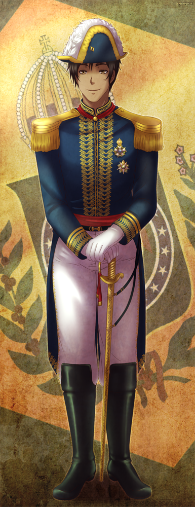 1boy, artist_name, axis_powers_hetalia, boots, brazil_(hetalia), brown_eyes, brown_hair, dark-skinned_male, dark_skin, epaulettes, gloves, hat, kuraudia, male_focus, military, military_uniform, solo, sword, weapon