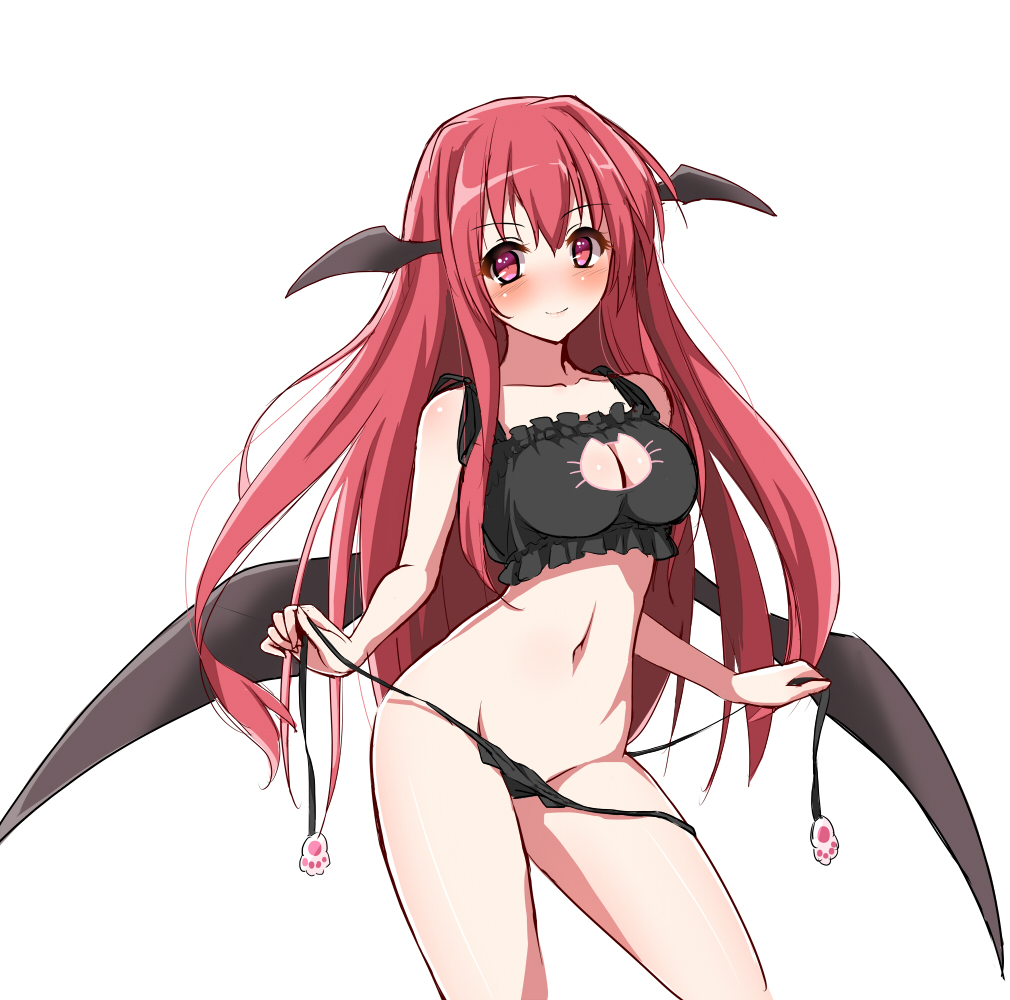 1girl, avalondeduko, bat_wings, black_panties, blush, bra, breasts, cat_cutout, cat_ear_panties, cat_lingerie, cleavage, cleavage_cutout, clothing_cutout, dezuko_(dezuko_no_heya), female_focus, groin, head_wings, koakuma, large_breasts, long_hair, looking_at_viewer, navel, panties, red_eyes, red_hair, side-tie_panties, simple_background, smile, solo, touhou, underwear, underwear_only, untied_panties, white_background, white_panties, wings