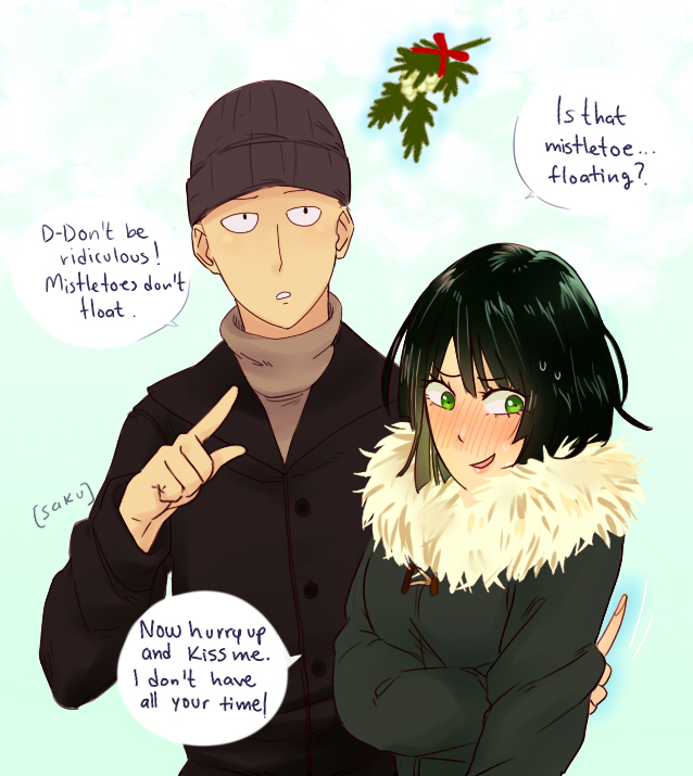 1boy, 1girl, artist_name, averting_eyes, bad_id, bad_tumblr_id, bald, beanie, black_hair, blush, embarrassed, english_text, engrish_text, fubuki_(one-punch_man), green_eyes, hat, hetero, looking_away, looking_up, mistletoe, one-punch_man, pointing, ranguage, saitama_(one-punch_man), saku_(ladyfubuki), saku_(pervertedequality), short_hair, telekinesis, tsundere, winter_clothes