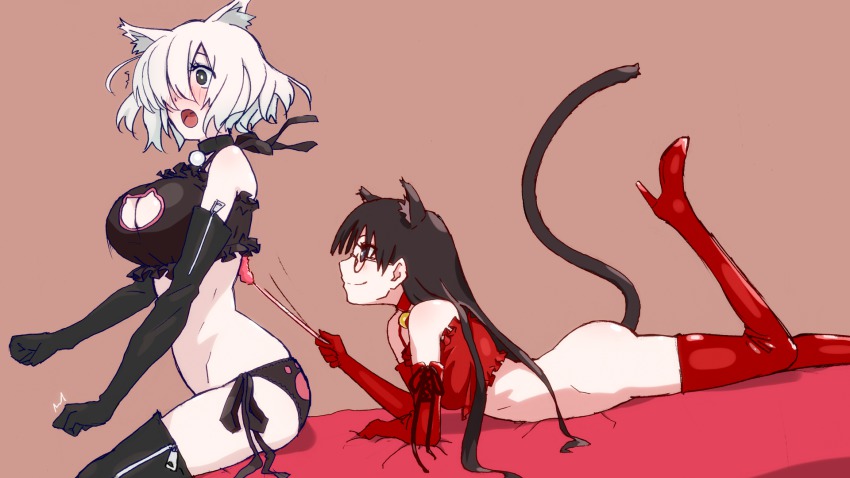 2girls, :o, ^^^, alternate_costume, anal_beads, anal_tail, animal_ears, bell, black_footwear, black_gloves, black_hair, black_legwear, black_panties, blush, bob_cut, boots, bottomless, breasts, brown_background, butt_plug, cat_cutout, cat_ears, cat_lingerie, cat_teaser, cattail, choker, cleavage_cutout, clenched_hands, closed_mouth, clothing_cutout, cross-laced_clothes, fake_tail, frills, from_side, glasses, gloves, hair_over_one_eye, high_heel_boots, high_heels, highres, holding, jingle_bell, large_breasts, legs_up, long_hair, looking_at_another, lying, marble, multiple_girls, navel, neck_bell, on_stomach, original, panties, paw_print, plant, profile, red_footwear, red_gloves, red_legwear, sex_toy, shokushi_yuu, short_hair, side-tie_panties, sitting, sketch, smile, stomach, surprised, tail, underwear, underwear_only, white_hair, yuri, zipper