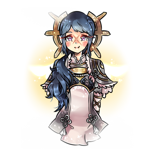 1girl, armor, blue_hair, female_focus, fire_emblem, fire_emblem_fates, gradient_background, itsaboutspoons, nintendo, ponytail, purple_eyes, reina_(fire_emblem), scar, solo, wings