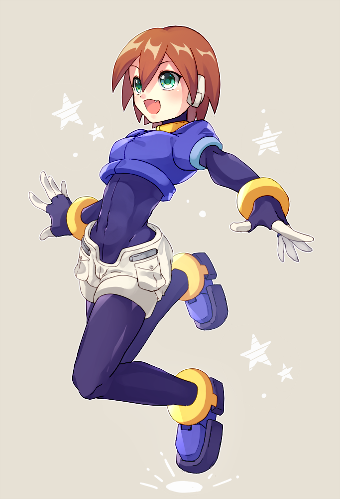 1girl, :d, aile_(mega_man_zx), bodysuit, brown_hair, covered_navel, cropped_jacket, female_focus