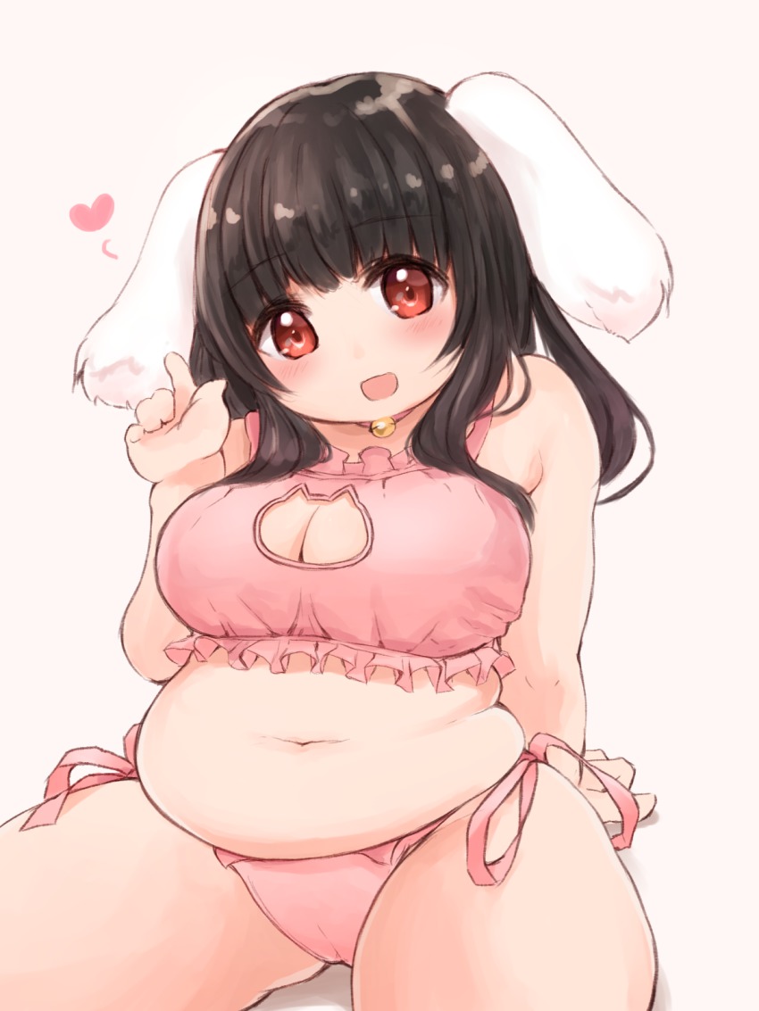 1girl, :d, animal_ears, bad_id, bad_pixiv_id, bare_shoulders, bell, belly, black_hair, blush, breasts, cameltoe, cat_cutout, cat_ear_panties, cat_lingerie, cleavage, cleavage_cutout, clothing_cutout, fat, fat_rolls, fat_woman, female_focus, heart, highres, jingle_bell, large_breasts, long_hair, looking_at_viewer, munimuni_kinoko, navel, open_mouth, original, panties, plump, puuchi_(munimuni_kinoko), rabbit_ears, red_eyes, side-tie_panties, sitting, smile, solo, thick_thighs, thighs, underwear