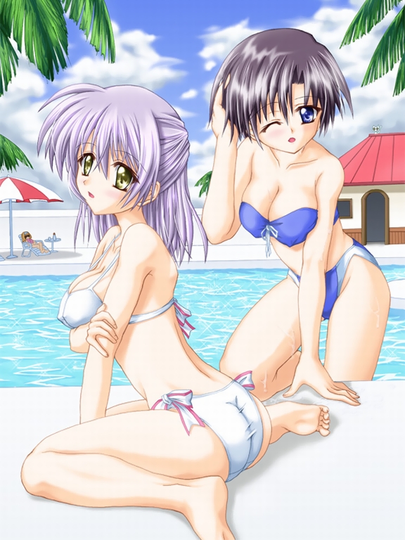 2girls, ;o, adjusting_hair, ass, beach_umbrella, bikini, black_hair, blue_bikini