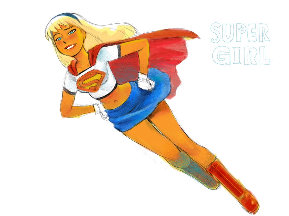 1girl, blonde_hair, blue_eyes, cape, character_name, dc_comics, dcau, female_focus