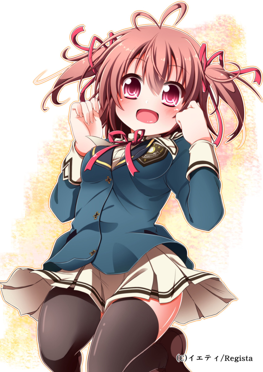 1girl, :d, absurdres, antenna_hair, black_thighhighs, bow, brown_eyes, brown_hair