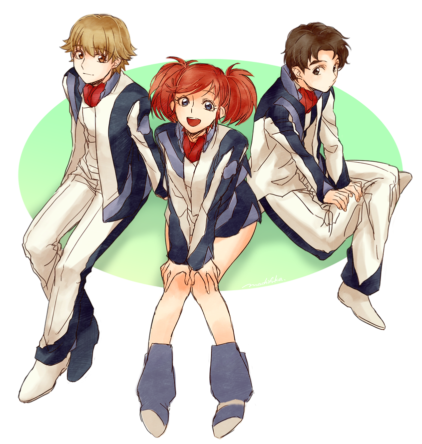 10s, 1girl, 2boys, :d, black_eyes, black_hair, blonde_hair, blue_eyes