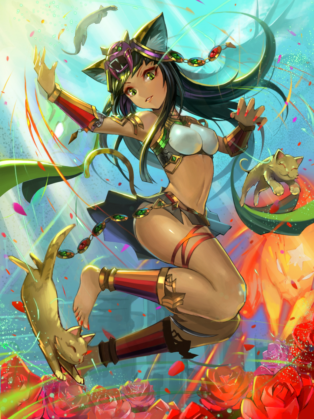 1girl, ancient_egyptian, animal_ears, anklet, barefoot, bastet_(p&amp;d), black_hair, blunt_bangs, cat, cat_ears, cat_tail, commentary_request, dark-skinned_female, dark_skin, female_focus, fingernails, green_eyes, highres, jewelry, kisina, long_fingernails, long_hair, midriff, nail_polish, navel, puzzle_&amp;_dragons, skirt, smile, solo, tail, toenail_polish, toenails