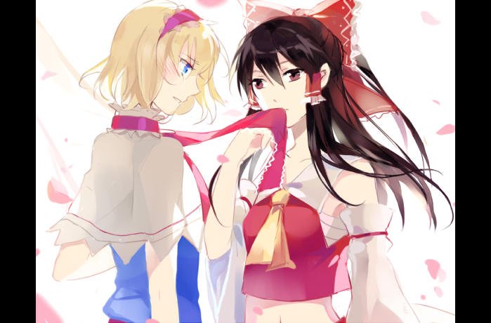 2girls, alice_margatroid, ascot, black_hair, blonde_hair, blue_dress, blue_eyes, bow