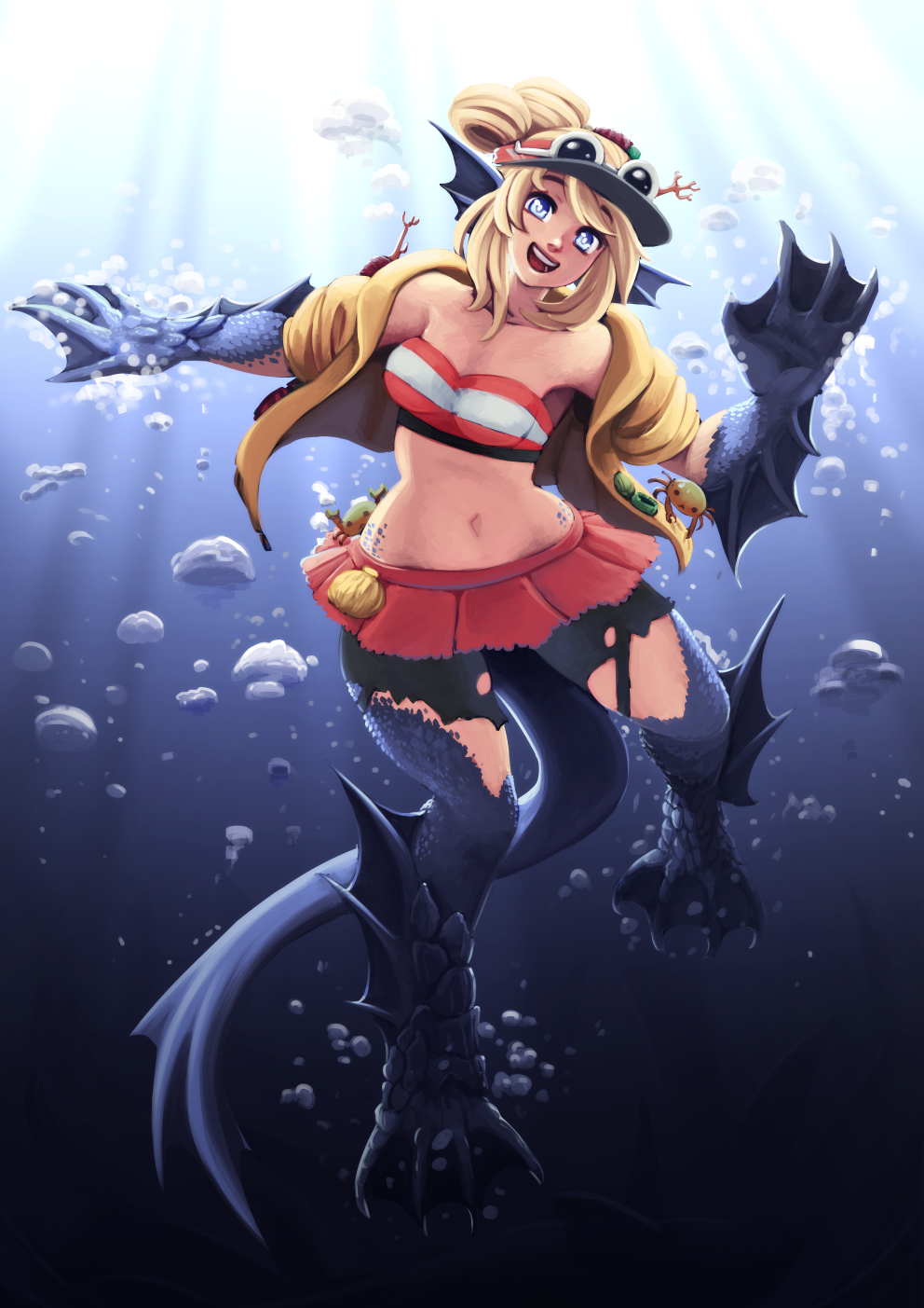 1girl, barbariank, blonde_hair, blue_eyes, copella_(surechigai_fishing), coraline_(ultimate_angler), crossover, female_focus, fins, fish_girl, fusion, head_fins, highres, monster_girl, monster_girl_encyclopedia, nintendo, sahuagin, sahuagin_(monster_girl_encyclopedia), smile, solo, surechigai_fishing, tail, ultimate_angler