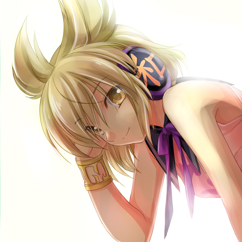 1girl, backlighting, bare_shoulders, bow, bracelet, bracer, dress, earmuffs