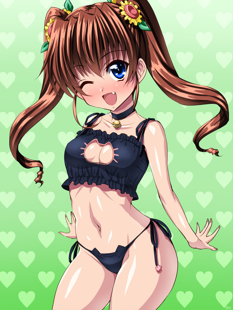 1girl, ;d, bell, blue_eyes, brown_hair, cat_cutout, cat_ear_panties, cat_lingerie