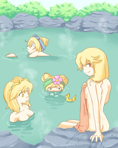 4girls, ass, atsurikacha, bird, blonde_hair, breasts, butt_crack, cleavage, duck, final_fantasy, final_fantasy_tactics, final_fantasy_tactics:_hakuma_doushi_shibari, gloves, hood, long_hair, looking_at_viewer, lowres, multiple_girls, robe, rock, sideboob, smile, towel, white_mage, white_mage_(fft), white_mage_(final_fantasy)