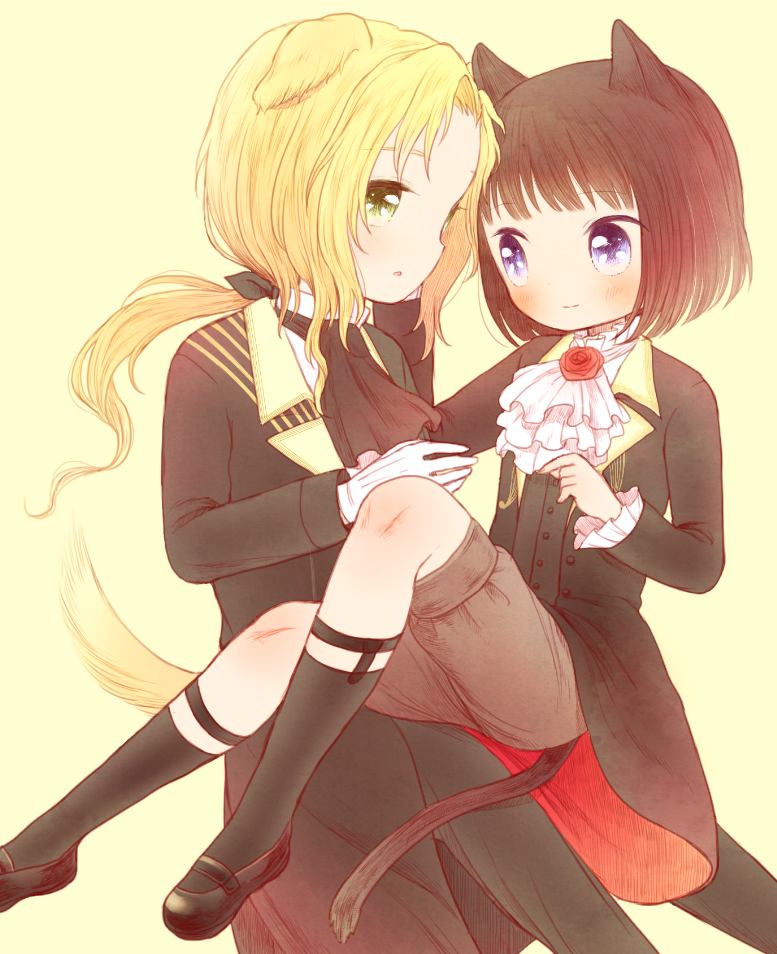 10s, 2boys, androgynous, animal_ears, ascot, bad_id, bad_pixiv_id, black_hair, blonde_hair, blue_eyes, blush, bob_cut, cat_boy, cat_ears, cat_tail, dog_boy, dog_ears, dog_tail, gloves, green_eyes, idolmaster, idolmaster_side-m, inu_(griffone), kagura_rei, long_hair, male_focus, multiple_boys, open_mouth, ponytail, short_hair, smile, tail, tsuzuki_kei, white_gloves