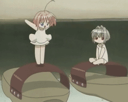 00s, 2girls, animated, animated_gif, anime_screenshot, binzume_yousei, bouncing, jumping, kururu_(binzume_yousei), kururu_(bottle_fairy), lowres, mini_person, minigirl, moe_(phrase), multiple_girls, sandals, sarara_(binzume_yousei), shoes
