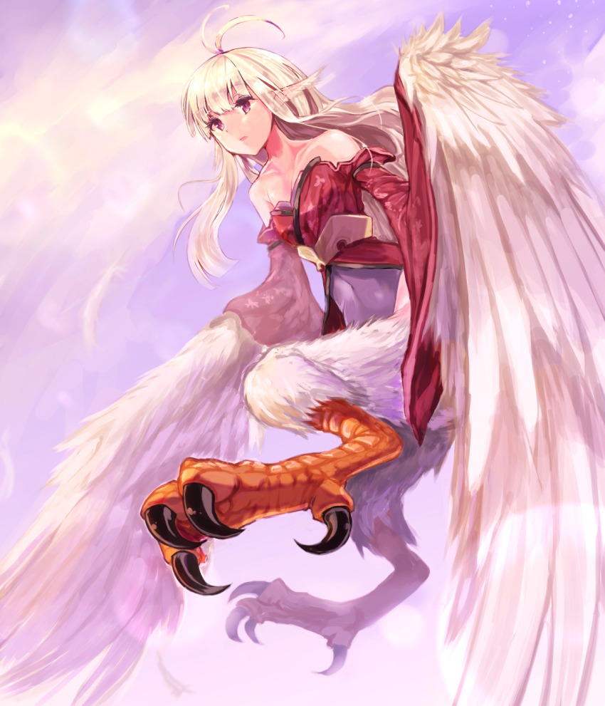 1girl, ahoge, feathered_wings, female_focus, harpy, highres, japanese_clothes, kawasumi_(tk2k_jade)