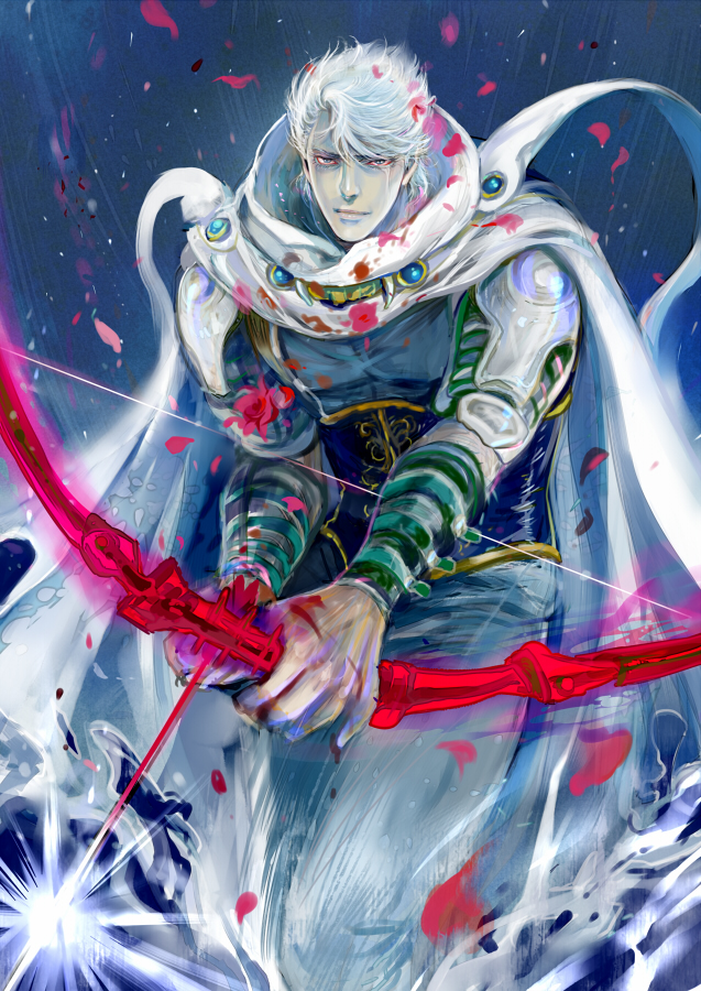 1boy, armor, blood, blood_stain, bow_(weapon), cape, crying, crying_with_eyes_open