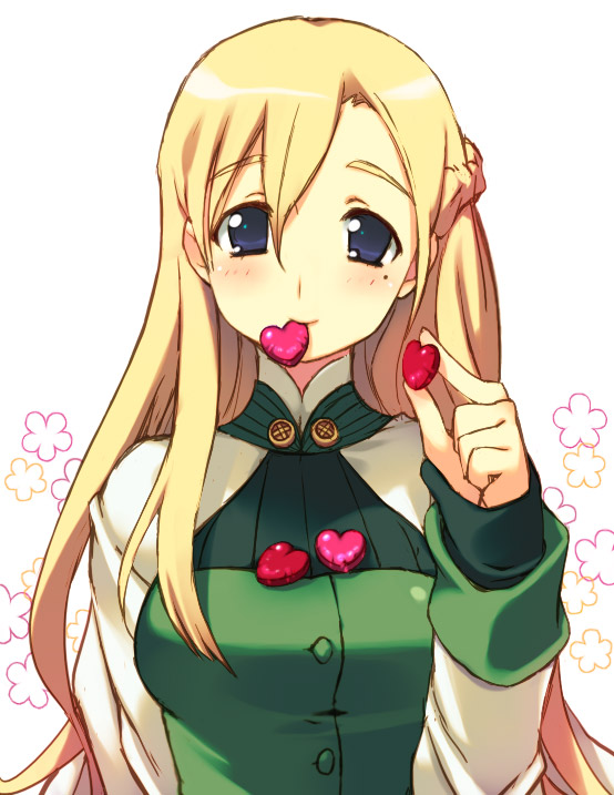 1girl, bad_id, bad_pixiv_id, blonde_hair, blue_eyes, blush, female_focus, half_updo, heart, ishikawa_mami, long_hair, looking_at_viewer, mint_(summon_night), mole, mole_under_eye, mouth_hold, north_carolina_ameko, solo, summon_night, summon_night_4, valentine