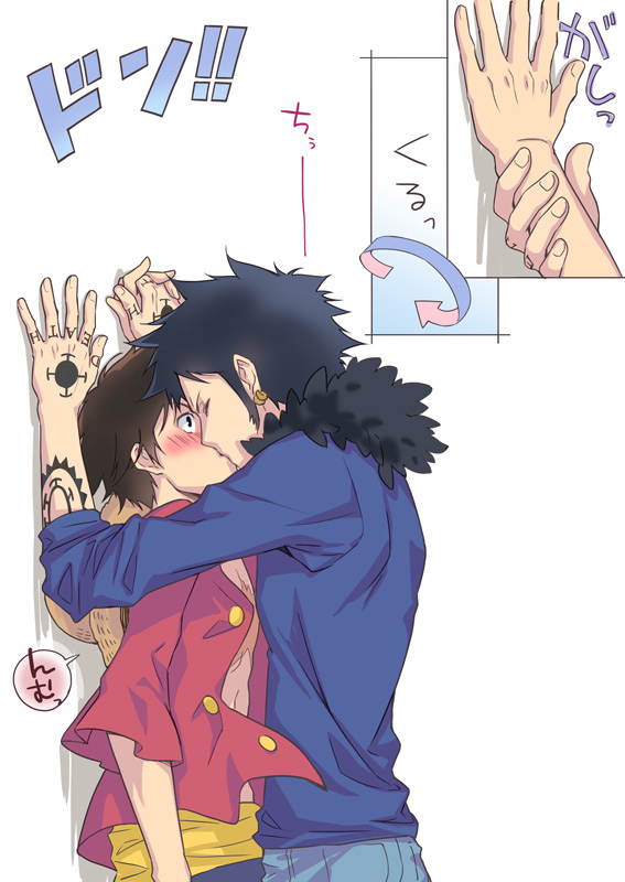 2boys, against_wall, age_difference, black_hair, blush, kiss, male_focus, monkey_d._luffy
