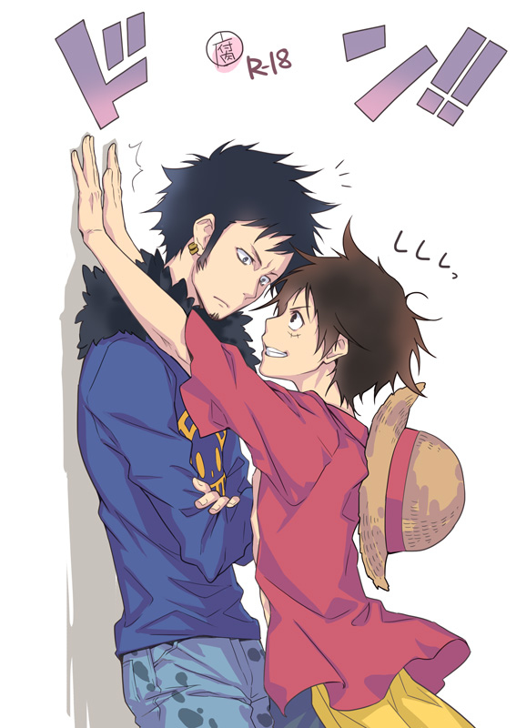 2boys, against_wall, black_hair, blush, male_focus, monkey_d._luffy, multiple_boys, nagiayase
