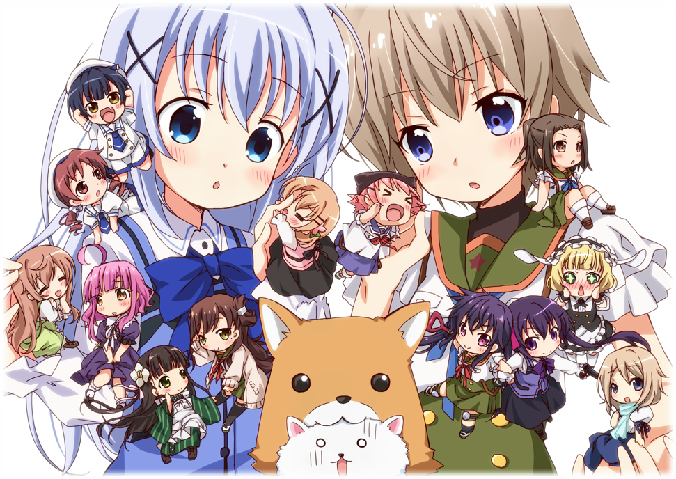 10s, 6+girls, aoyama_blue_mountain, blue_eyes, chibi, chibi_inset, crossover, dog, ebisuzawa_kurumi, gakkou_gurashi!, gochuumon_wa_usagi_desu_ka?, hoto_cocoa, hoto_mocha, jouga_maya, kafuu_chino, kirima_syaro, manga_time_kirara, multiple_girls, naoki_miki, natsu_megumi, nora-toro, sakura_megumi, school_uniform, shidou_kei, takeya_yuki, taroumaru_(gakkou_gurashi), tedeza_rize, tippy_(gochiusa), tippy_(gochuumon_wa_usagi_desuka?), ujimatsu_chiya, wakasa_yuuri