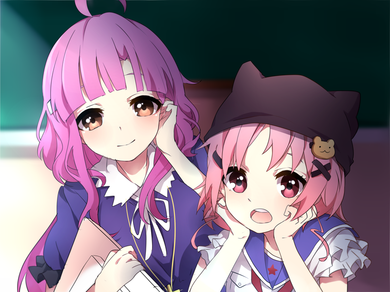 10s, 2girls, ahoge, animal_hat, brown_eyes, gakkou_gurashi!, hair_ornament, hairclip