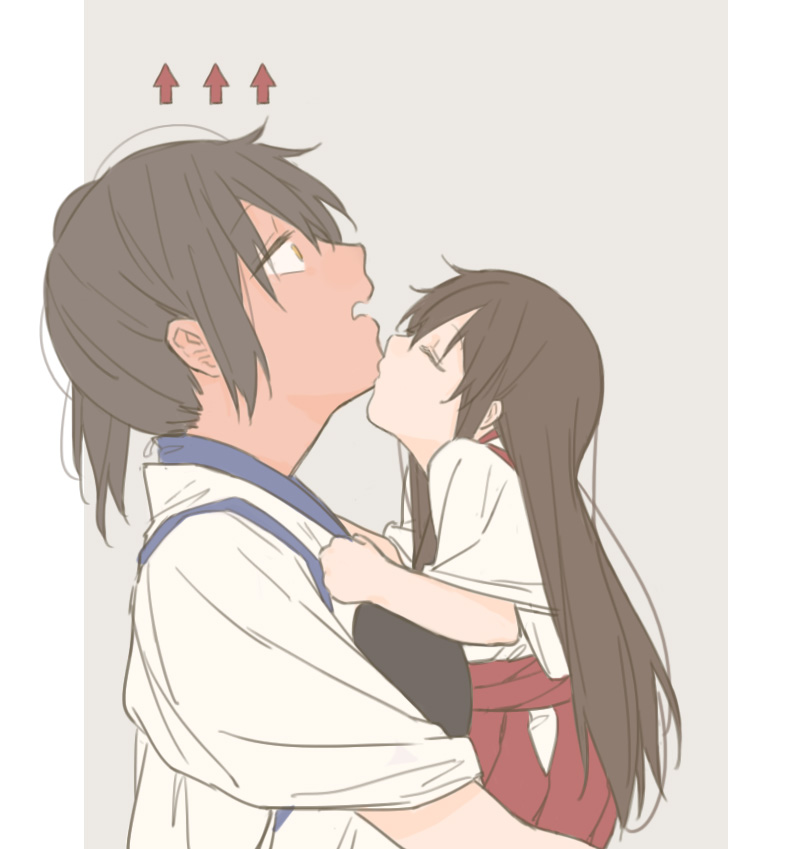 10s, 2girls, age_difference, aged_down, ahn, akagi_(kancolle), arrow_(symbol), blush, brown_eyes, brown_hair, carrying, child, chin_kiss, closed_eyes, female_focus, full-face_blush, full-head_blush, japanese_clothes, kaga_(kancolle), kantai_collection, kiss, long_hair, looking_up, multiple_girls, muneate, neck, onee-loli, open_mouth, pulling, red_skirt, short_hair, short_sleeves, side_ponytail, skirt, straight_hair, surprised, translation_request, upper_body, wide_sleeves, yuri