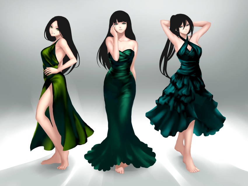 3girls, aqua_dress, aqua_eyes, arm_behind_back, armpits, arms_behind_head, arms_up, bare_arms, bare_legs, bare_shoulders, barefoot, black_hair, breasts, collarbone, criss-cross_halter, dress, feet, female_focus, full_body, gradient_background, green_dress, green_eyes, hair_between_eyes, halterneck, hand_on_own_hip, hand_on_own_face, hime_cut, legs, lips, long_dress, long_hair, looking_at_viewer, mizuiro_cyan, multiple_girls, neck, parted_lips, ponytail, shadow, side_slit, smile, standing, strapless, strapless_dress