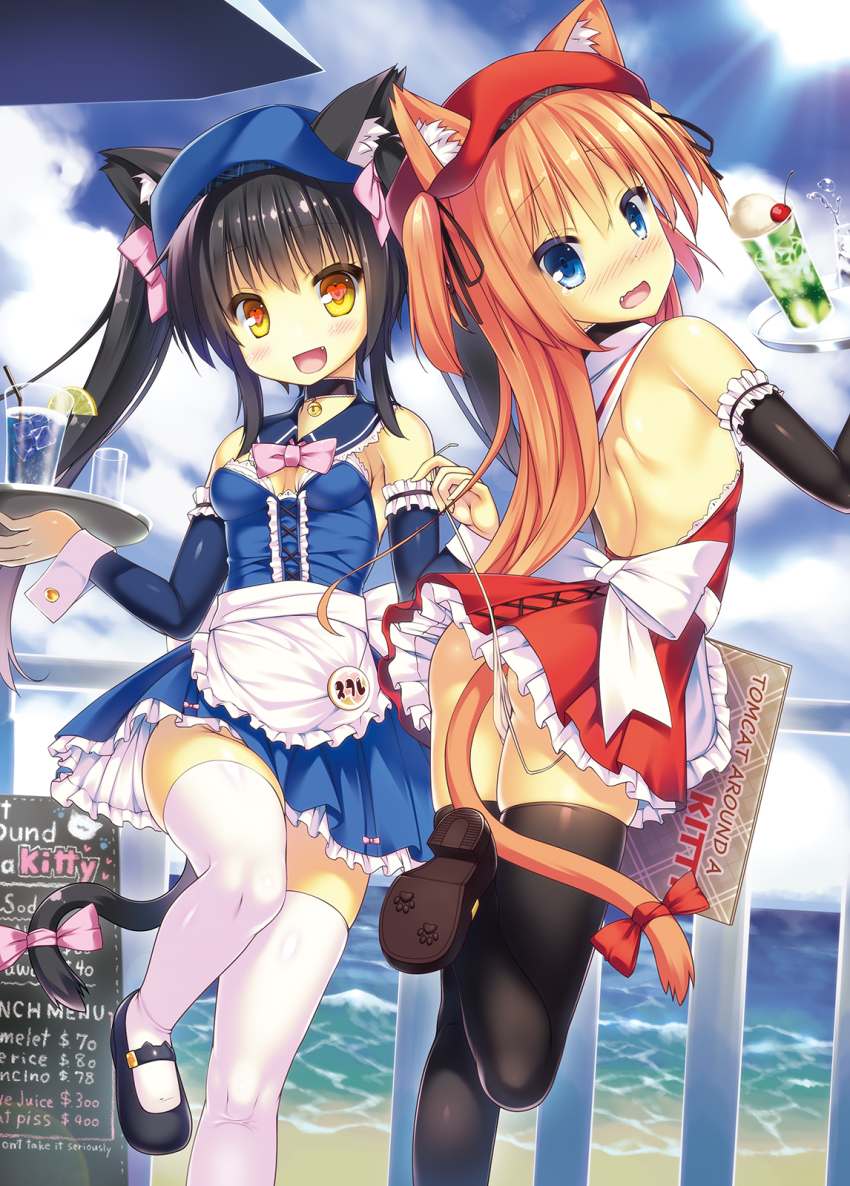 2girls, :d, animal_ears, apron, arm_garter, ass, assisted_exposure, badge, bare_back, beach, beach_umbrella, bell, beret, black_footwear, black_hair, black_legwear, black_ribbon, blonde_hair, blue_dress, blue_eyes, blue_hat, bow, breasts, brown_footwear, cafe, cat, cat_ears, cat_tail, center_frills, cherry, choker, clothes_theft, cloud, collar, cross-laced_clothes, cup, day, detached_collar, dollar_sign, dotted_line, dress, drink, drinking_glass, drinking_straw, english_text, eyebrows, fang, food, frilled_dress, frills, fruit, hair_bow, hair_ribbon, hat, heart, heart-shaped_pupils, highres, holding, holding_strap, ice, ice_cream, ice_cube, jingle_bell, lace-trimmed_collar, lace_trim, lemon, lemon_slice, long_hair, looking_at_viewer, looking_back, mary_janes, menu_board, multiple_girls, name_tag, neck_bell, ocean, ochinsama, open_mouth, original, outdoors, panties, pantyshot, paw_print, pink_bow, plaid, railing, red_bow, red_dress, red_hat, ribbon, sailor_collar, shoes, side-tie_panties, sky, small_breasts, smile, spill, standing, standing_on_one_leg, strapless, strapless_dress, string_panties, surprised, symbol-shaped_pupils, tail, tail_bow, tail_ornament, text_focus, theft, thighhighs, top_of_moe_2016, tray, twintails, two_side_up, umbrella, underwear, underwear_theft, uniform, untied_panties, upskirt, waist_apron, waitress, water, wavy_mouth, white_apron, white_bow, white_legwear, white_panties, wrist_cuffs, yellow_eyes