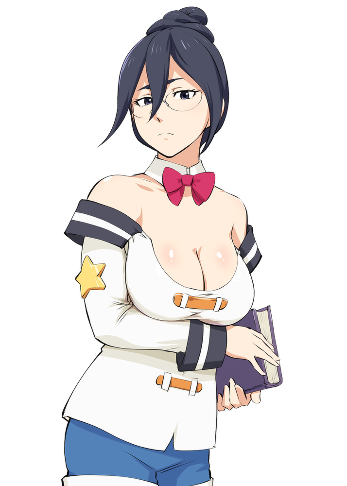 1girl, bare_shoulders, black_eyes, black_hair, book, bow, bowtie, breasts, cleavage, cosplay, female_focus, fumitan_admoss, glasses, gundam, gundam_tekketsu_no_orphans, hair_bun, kono_subarashii_sekai_ni_shukufuku_wo!, large_breasts, luna_(konosuba), luna_(konosuba)_(cosplay), season_connection, shorts, single_hair_bun, solo, ueyama_michirou