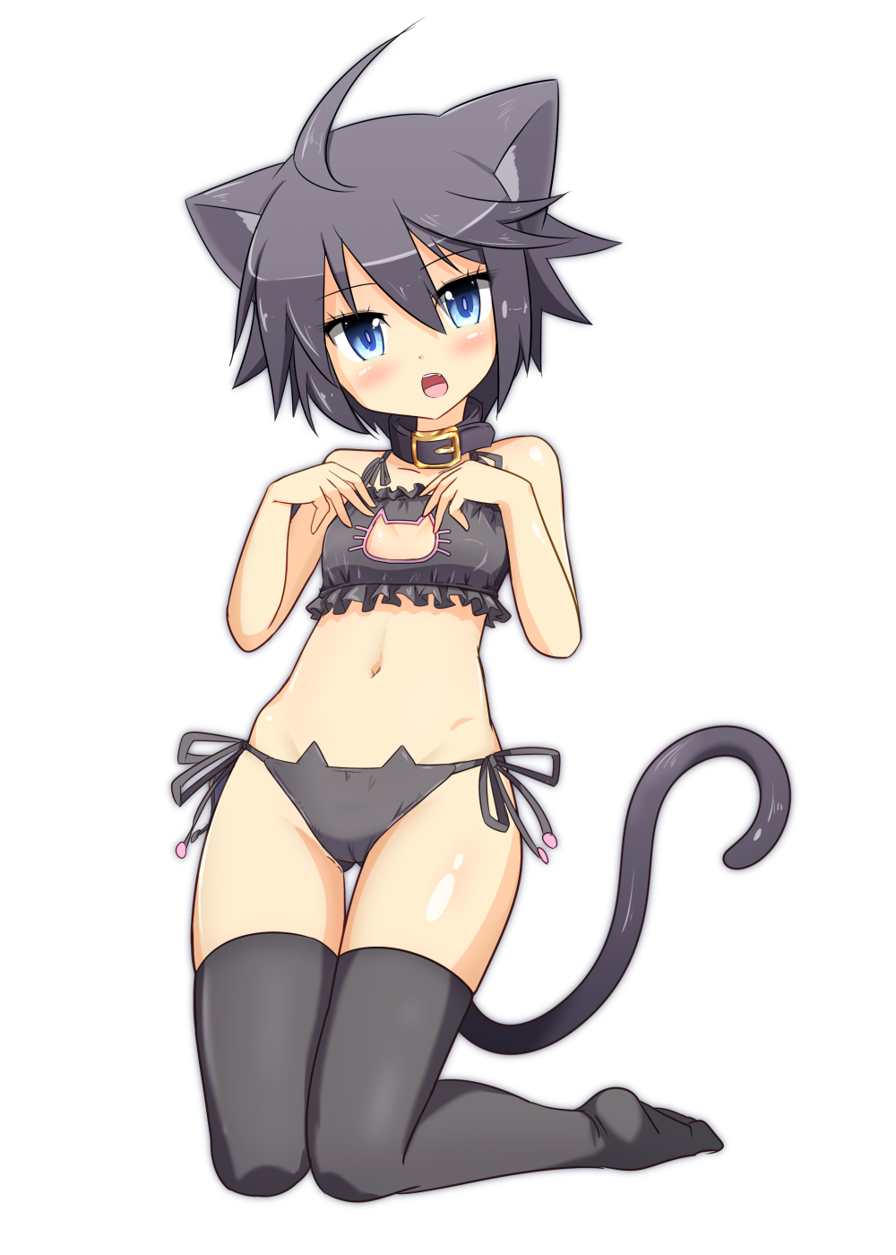 1girl, 1up_(solid2), ahoge, animal_ears, black_panties, black_thighhighs, blue_eyes, blush, cat_cutout, cat_ear_panties, cat_ears, cat_lingerie, cat_tail, cleavage_cutout, clothing_cutout, collar, female_focus, flat_chest, highres, looking_at_viewer, navel, open_mouth, original, panties, side-tie_panties, simple_background, solo, tail, thighhighs, underwear, white_background